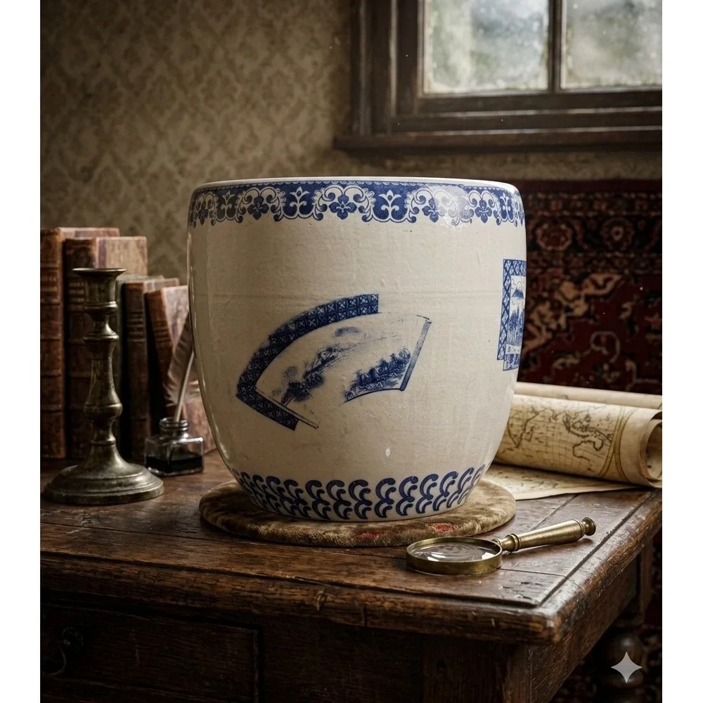 Vintage Japanese Blue and White Ceramic Planter Mount‎ Fuji Landscape Fishbowl